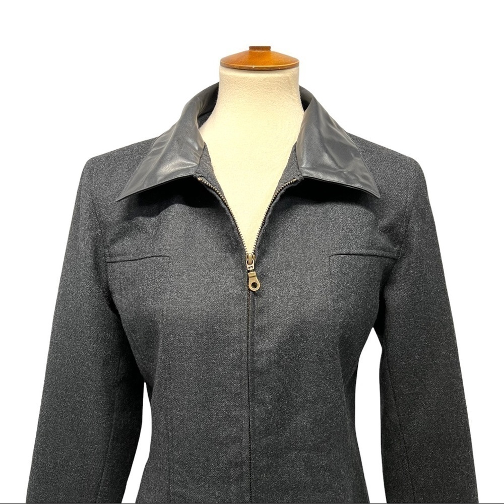 Sandro Wool Black Zip Front Jacket Vegan Leather Trim Classic Blazer Women Med - Picture 2 of 13